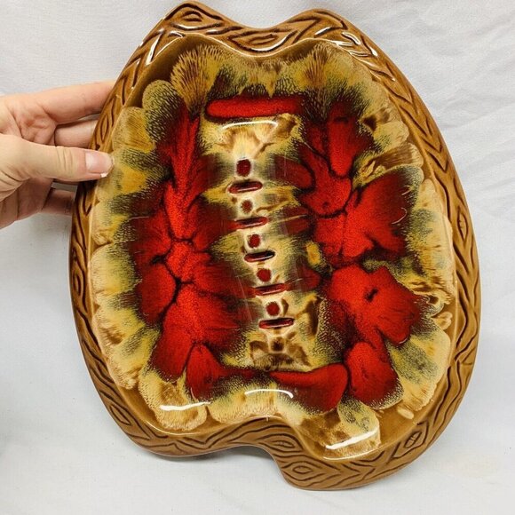 VTG Beautiful Ashtray Large Divided Floral Red Brown Pottery 60's-70's 12in - Picture 3 of 9
